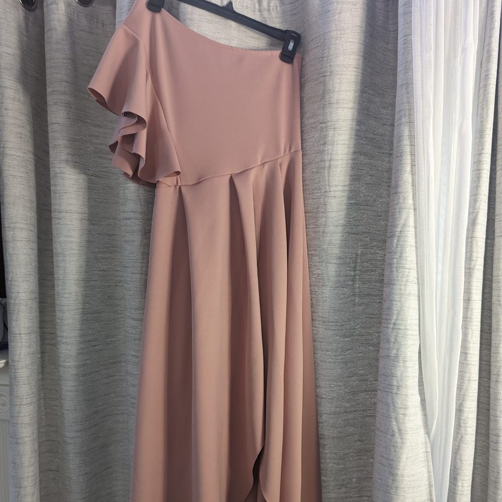 Blush one shoulder ruffle skater maxi dress